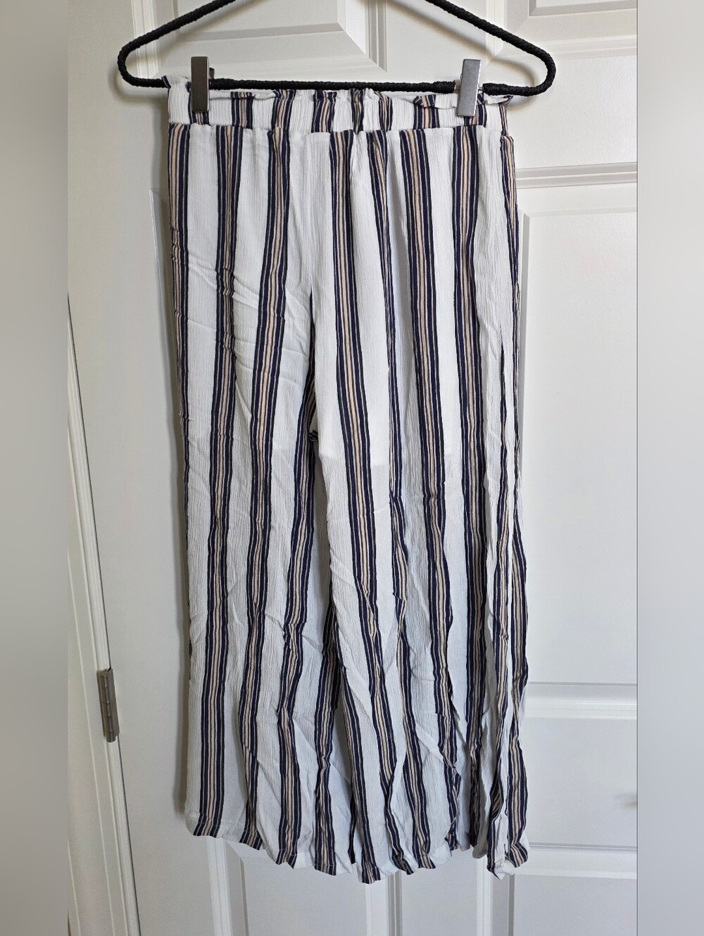Simplee White Stripe Wide Leg Palazzo Pants Tie Waist Resort Beach Pants Size S - Picture 9 of 13